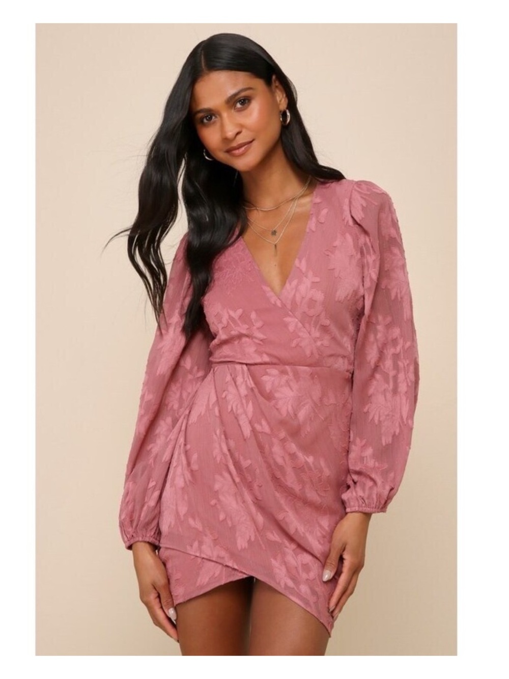 Lulus Meant To Shine Mauve Floral Jacquard Long Sleeve Mini Dress